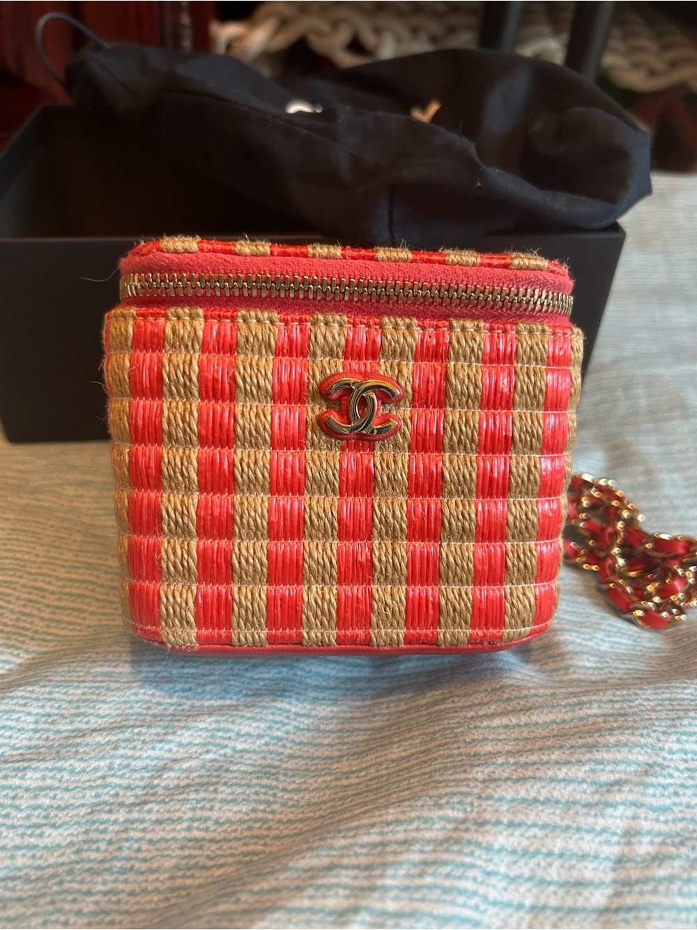 CHANEL Coral and Natural Woven Mini Crossbody Box Bag